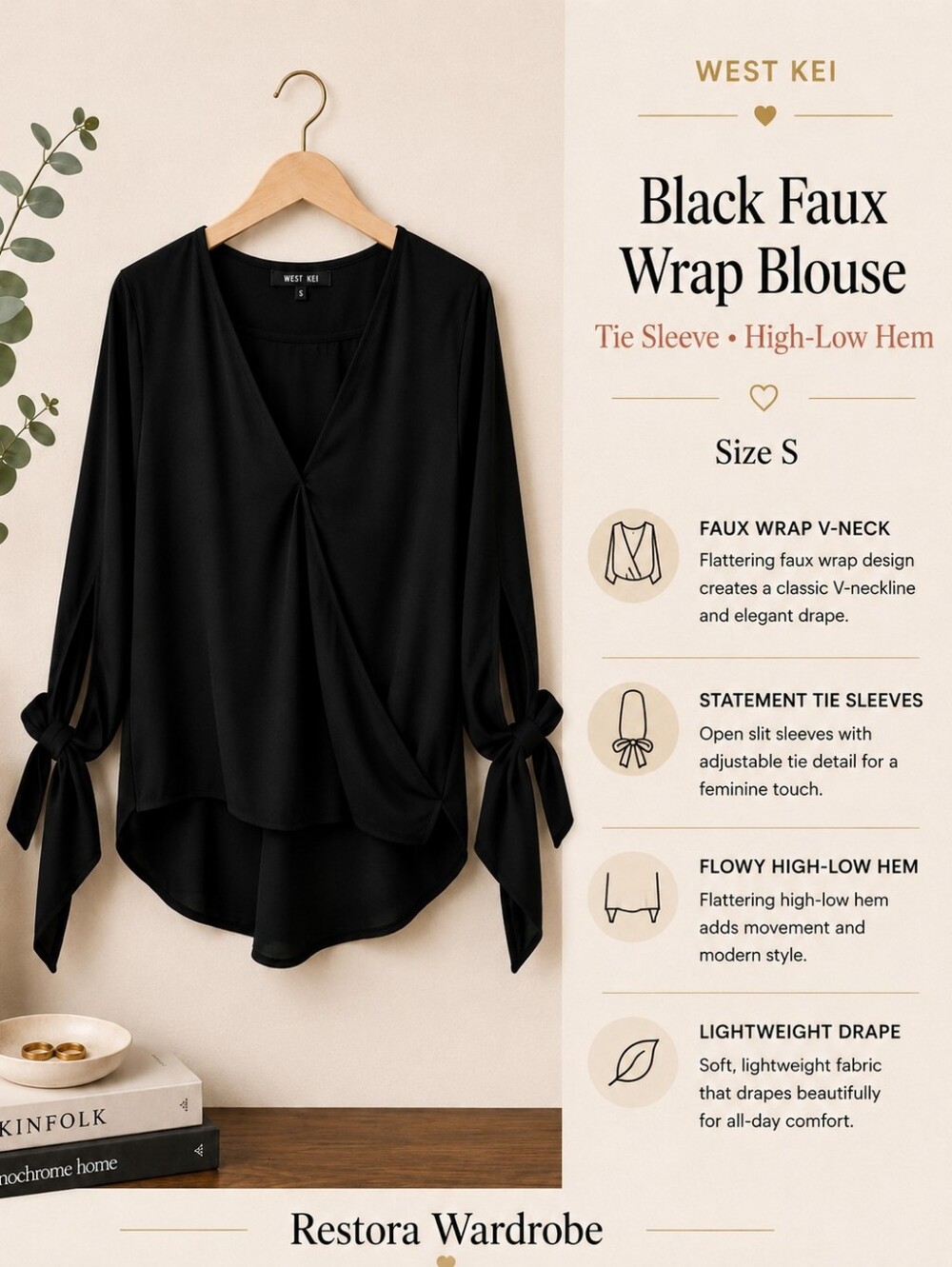 West Kei Office Siren Black Faux Wrap V Neck Tie Sleeve High Low Blouse S